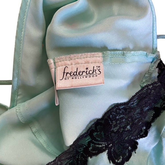 Frederick's of Hollywood Satin Teal Green Slip Dress with Black Lace Trim - Picture 3 of 3